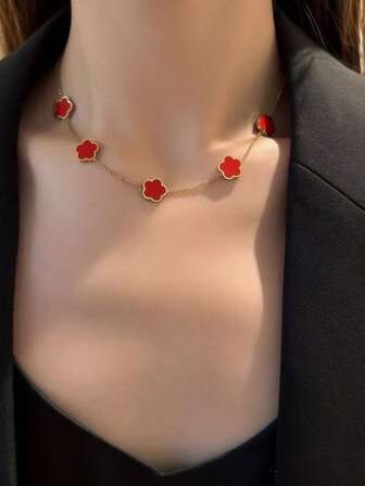 1pc Elegant Clover Jewelry Set - 18K Gold Plated, Acrylic Mosaic, Stainless Steel Bracelet And Necklace Pendant, Suitable For Women's Daily Wear, Gift