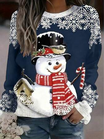 Women's Christmas Print Crew Neck Long Sleeve Top