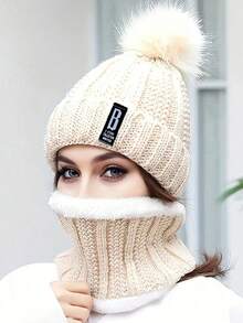 Set de 2 piezas de gorro de boina de invierno para mujer y bufanda con forro polar y pompón - Transpirable, elástico, cierre con cremallera, lavar a mano, ideal para Navidad y otoño