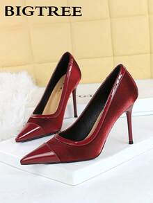 女士尖头缎面拼接超高跟正装鞋，纤细优雅派对高跟鞋 - 酒紅色 - 查看 2