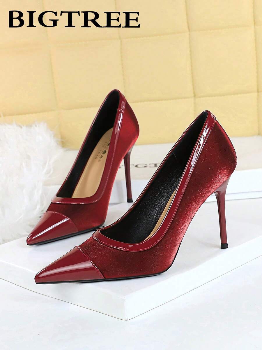 女士尖头缎面拼接超高跟正装鞋，纤细优雅派对高跟鞋