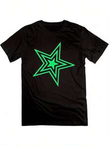 1pc DJ Pauly D Television Personality Men's Relaxed Fit T-Shirt - Black With Bold Green Star Logo, 200g 100% Cotton Crew Neck Short Sleeve Tee Casual Wear & All-Season Comfort, Streetwear Style, Design, Soft Fabric, Printed Shirt, Street Style Lovers - Black - View 1
