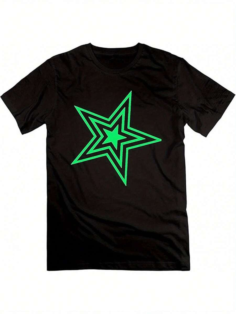 1pc DJ Pauly D Television Personality Men's Relaxed Fit T-Shirt - Black With Bold Green Star Logo, 200g 100% Cotton Crew Neck Short Sleeve Tee Casual Wear & All-Season Comfort, Streetwear Style, Design, Soft Fabric, Printed Shirt, Street Style Lovers - Black - View 1