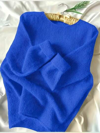 Plus Size Women Solid Color Round Neck Long Sleeve Casual Loose Knit Sweater