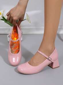 Zapatos de tacón grueso de recubierto brillante con puntera redonda, tacones altos blancos. Zapatos de salón con correa en el empeine y hebilla, cómodos para interiores y exteriores, fiesta, estampado de leopardo marrón