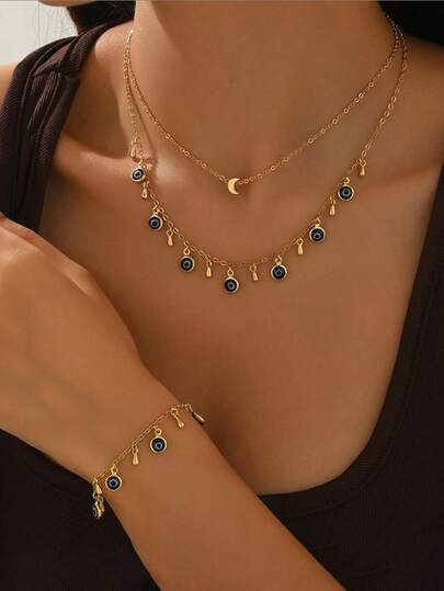 1 Set Fashionable & Fresh Metal Teardrop & Evil Eye Pendant Necklace & Bracelet, Women Tassel Layered Necklace Set