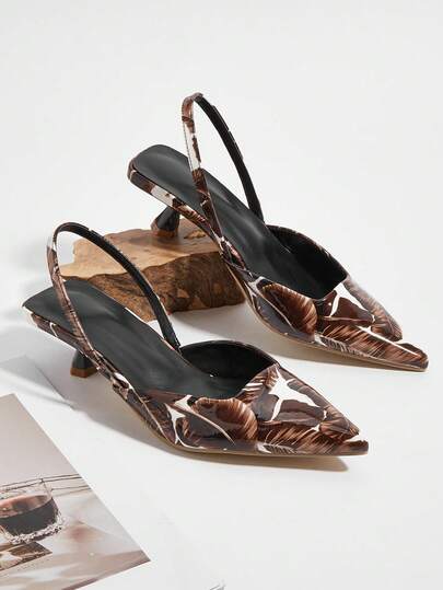 女士树叶印花小猫跟鞋，优雅尖头高跟鞋，时尚踝带高跟鞋（随机裁剪）