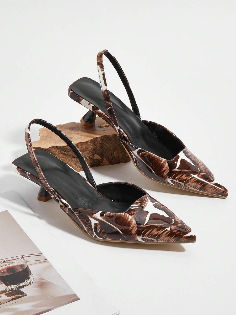 Women's Leaf Print Kitten Heel Shoes, Elegant Pointed Toe High Heels, Fashion Ankle Strap High Heels (Random Cut) - Brown - View 1