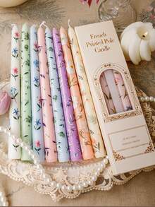 2Pcs Flower Printed Long Stem Candles,Romantic European Style Smokeless Odorless Candles For Weddings, Birthdays,Party,Candlelight Dinner,Home Decoration