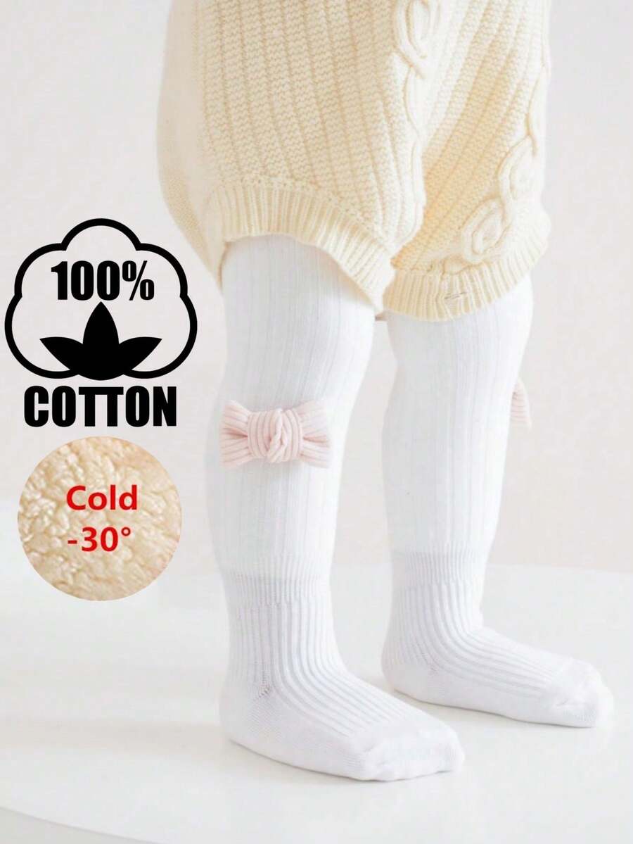 1pc Girls' Cotton Thick Thermal Lined Tights With Cute Bow Decor, Warm Leggings For Autumn/Winter