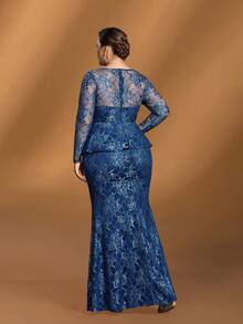 Faeriesty Mosy​ ​Elegant Plus-Size Mother Of The Bride Dress: Small Round Neckline, Flattering Long Sleeves, Dramatic Fish Tail Skirt, Chic 2 In 1 Design. Perfect For Formal Wedding Ceremonies, Black Tie Galas, Grand Evening Banquets, Upscale Anniversary Celebrations, Sophisticated Fundraising Balls.​​ - Navy Blue - View 3