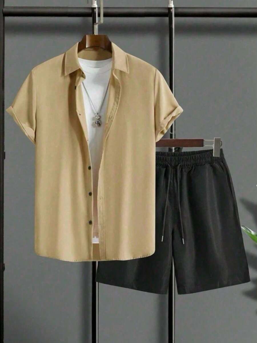 Comfortable Men's Casual Short-Sleeved Lapel Shorts And Loose-Fitting Shirt Set. - 米色+黑色 - 查看 1