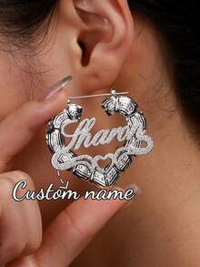 Personalized 80mm Bamboo Knot Name Hoop Earrings, Stainless Steel Custom Name Star Earrings, Jewelry Gift For Women, Christmas - Silver-ordinary Love Sanded Earrings - View 3
