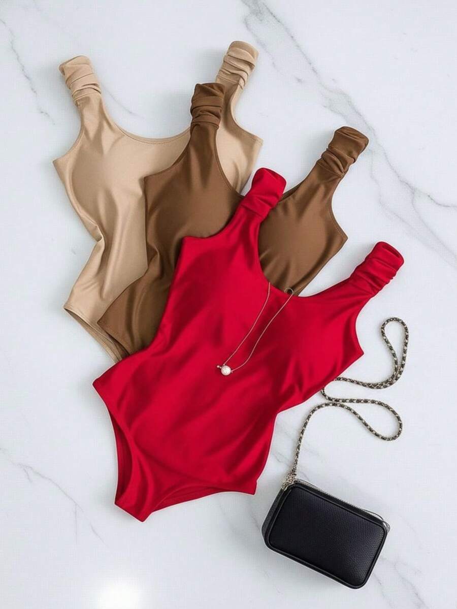 Kit 3 Basic Bodysuits With Thick Straps And Elastic With Discreet Neckline, Shapewear, Versatile Casual Fashion, Casual, Gringa Blogger - 紅色-可可色-米色 - 查看 1