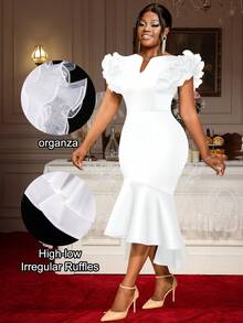 大码性感荷叶边短袖玫瑰连衣裙。优雅高腰，凸显曲线，鱼尾裙摆设计，适合正式场合、约会、派对、婚礼、伴娘、毕业典礼、婚礼宾客、返校、情人节等场合。 - 白色 - 查看 2