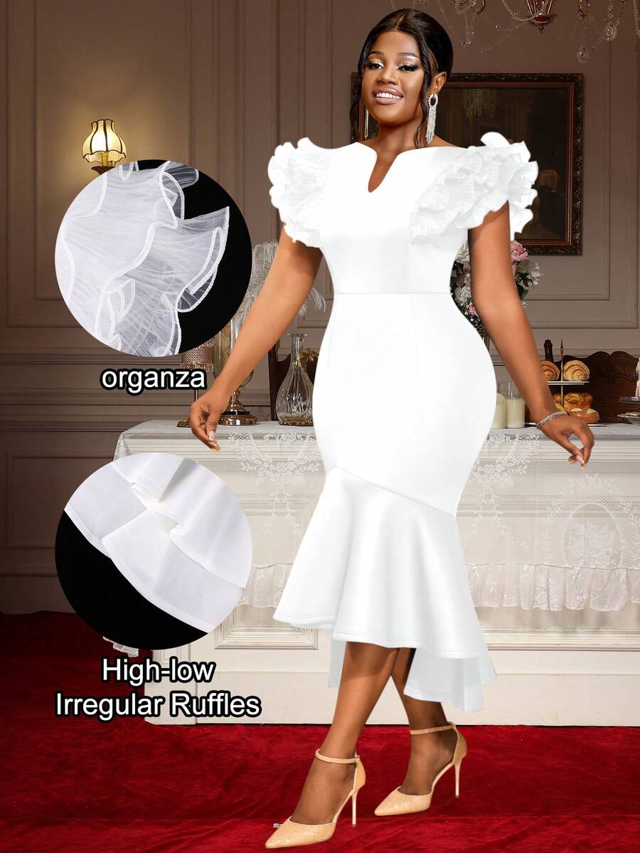 大码性感荷叶边短袖玫瑰连衣裙。优雅高腰，凸显曲线，鱼尾裙摆设计，适合正式场合、约会、派对、婚礼、伴娘、毕业典礼、婚礼宾客、返校、情人节等场合。