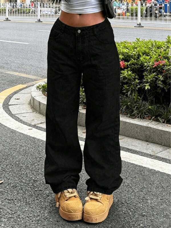 Jeans anchos y sueltos de talla grande para mujer, sin estiramiento, desgastados y lavados, color azul claro elegante