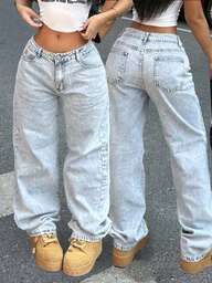 Jeans casual da donna con tasche frontali, gamba dritta, vestibilità rilassata, pantaloni di jeans semplici e casual per uso quotidiano