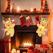 2Pcs Christmas Door Sign Wooden Gingerbread Hanging Decor For Window Wall Home Holiday Party Decorations  Presents - Multicolor - View 1