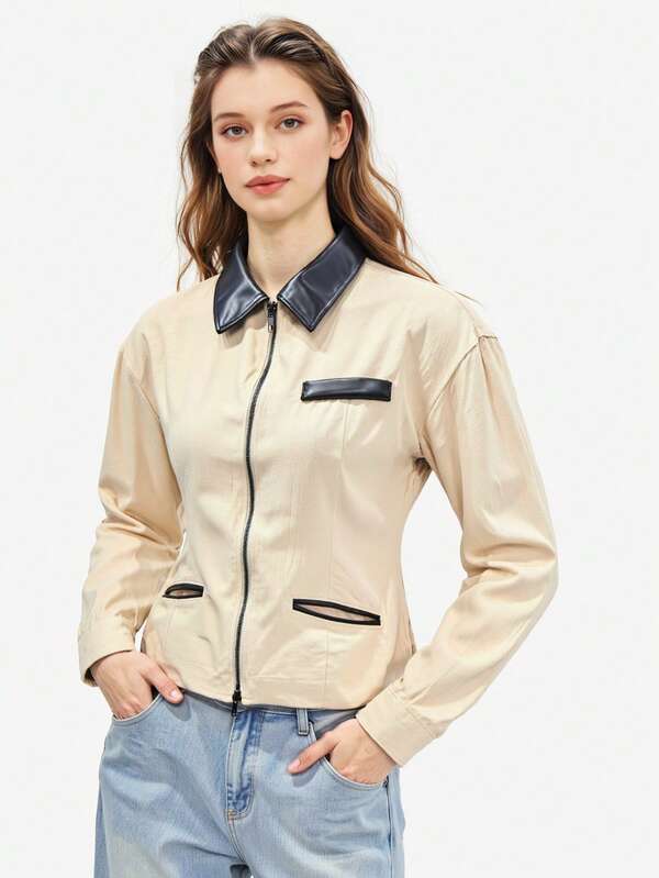 Casaco casual com lapela e cintura definida, manga comprida, elegante e leve, para mulheres