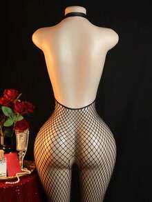 女士性感透视吊带连体裤，搭配开裆丝袜 - 露背高弹力内衣，网纱镂空设计，无胸垫，纯黑色诱惑风格（手洗） - 异域风情内衣，睡衣，家居服，柔软春季款 - 黑色 - 查看 3
