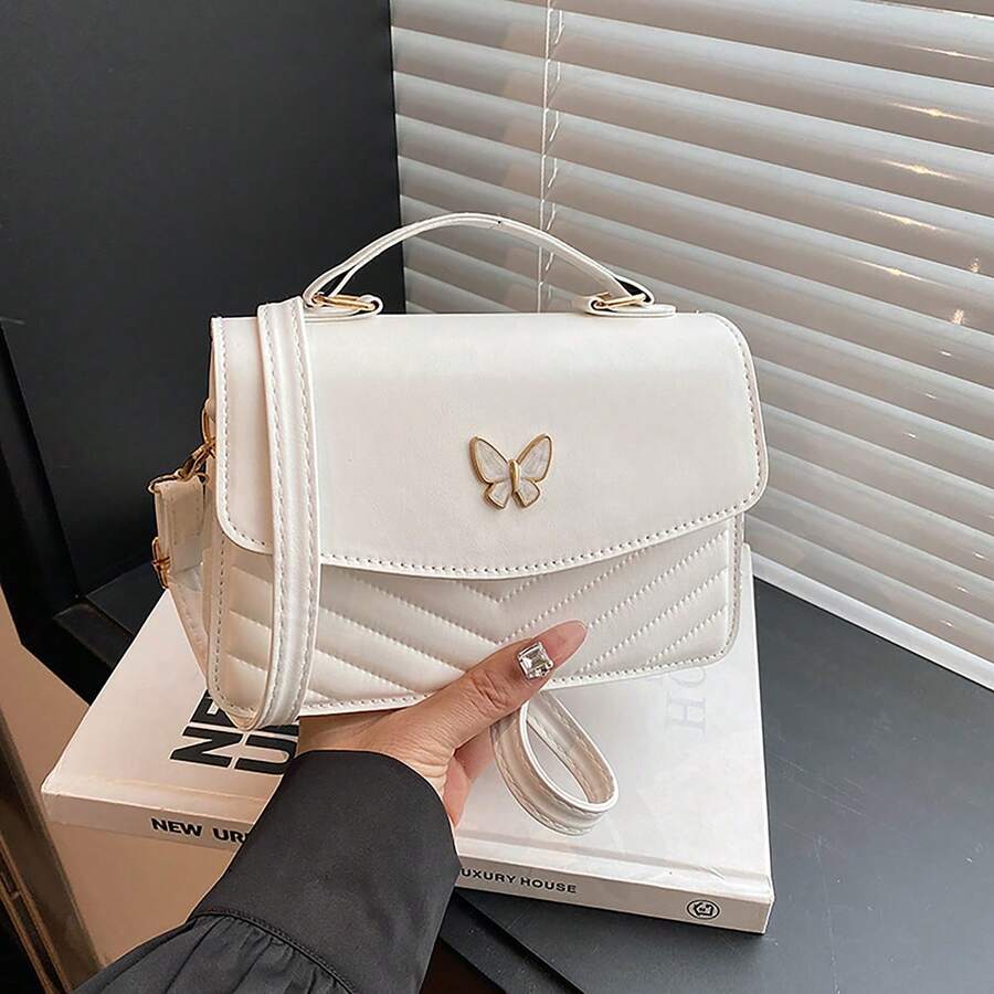 Bolso bandolera para mujer con decoración de mariposa en PU, ligero y duradero, con correa ajustable y cierre magnético - Blanco - Ver 1