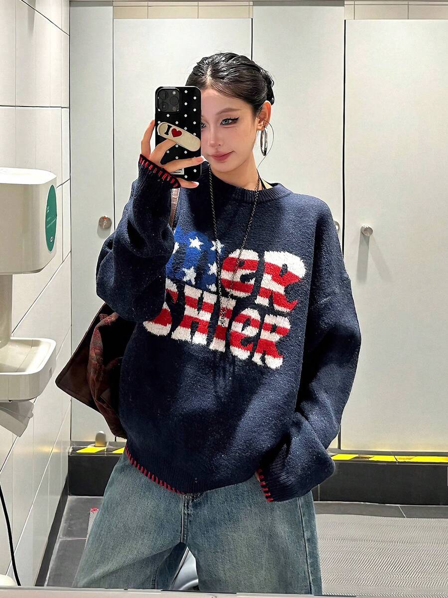 Vintage American Flag Letter Graphic Crew Neck Knit Sweater, Loose Fit Casual Pullover Tops, Unisex - Blue - View 1