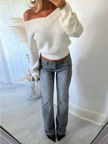 Women's Off-Shoulder Ribbed Knit Pullover Sweater, V-Neck Basic Short Top