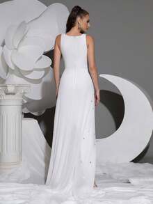 Nuovo arrivo Abito da donna sexy senza maniche con scollo quadrato e strass, elegante abito da sera per signore per feste - Bianco - Visualizzare 5