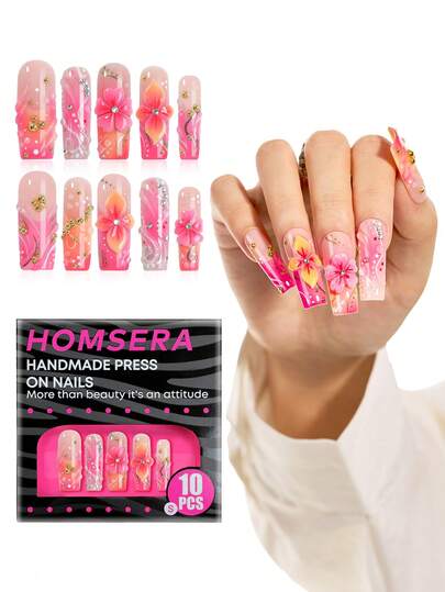 10Pcs French Medium Square Press On Acrylic Nails, Y2K Style Pink Homemade Nail Set, DIY Handmade 3D Flowers And Gold Beads Decoration, Suitable For Girls And Women Nail Supplies XXL/XXXL Daily Wear And Holiday Party Decoration Gift