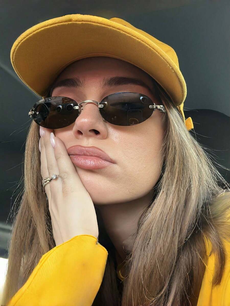 1pc Women's Small Oval Frameless Metal Leg Edgy Small Frame Fashion Glasses, Suitable For Daily Wear For Summer Beach Vacation,Outdoor,Travel,Back To School Accessories - màu đen - Xem 1