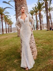Faeriesty Glamour Elegant Mermaid Evening Gown With All-Over Sparkling Sequin & Faux Pearl Accents, Long Sleeve Deep V-Neck, Slim-Fit Waist, Fish-Tail Dress – Ideal For Weddings, Evening Galas, Red-Carpet Events & Award Ceremonies Outfit Party Formal - Champagne - View 2
