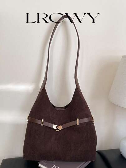 Women's Shoulder Bag, Fashionable & Elegant Buckle Design, Retro Crescent Shaped, Faux Suede, Large Capacity, Coffee Color, Suitable For Women, Girls, College Students