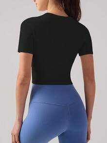 6pecil Áo thun thể thao ngắn tay nữ, chất liệu gân, kiểu dáng gợi cảm, thích hợp cho tập luyện. - màu đen - Xem 2