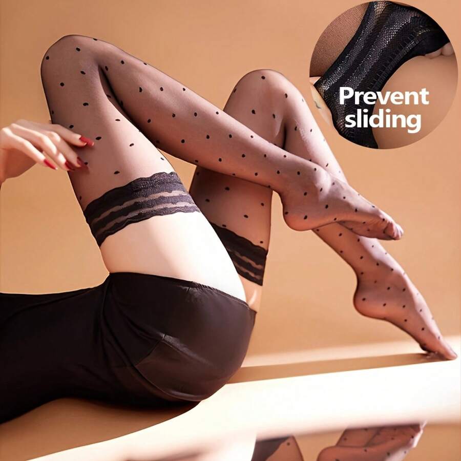[1 Pair Polka Dot Socks] Ultra-Thin Sexy 1 Pair Of Polka Dot High Socks |   Lace Black Stockings Over The Knee Socks For Women - 白色 - 查看 1
