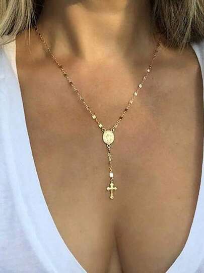 1pc Vintage Fashionable Cross Pendant Long Necklace Chain, Versatile For Party, Daily Wear, Gift, Sweater Chain, Suitable For Valentine's Day, Girlfriend, Best Friend