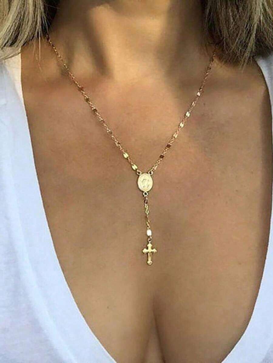 1pc Vintage Fashionable Cross Pendant Long Necklace Chain, Versatile For Party, Daily Wear, Gift, Sweater Chain, Suitable For Valentine's Day, Girlfriend, Best Friend