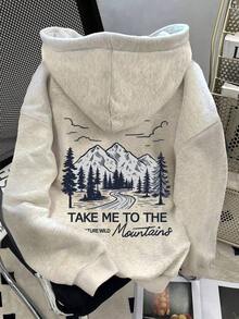Women's Casual Letter & American Flag Print Long Sleeve Hoodie Sweatshirt, Autumn/Winter-Autumn/Winter New Arrivals:Unisex Loose Hoodie With USA Print - 淺灰色 5 - 查看 2
