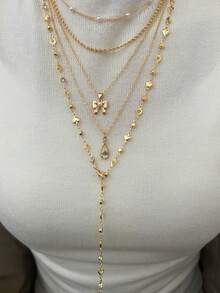5 件 Y 形项链套装，时尚简约优雅复古设计，带蝴蝶结、水滴、心形、水钻、仿珍珠、流苏吊坠、Y 形项链，适合节日、派对、日常佩戴、礼物 - 金黃色 - 查看 8