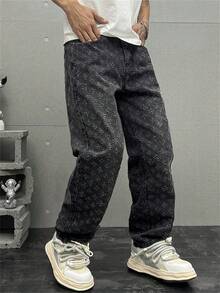 Jeans de corte recto y ajuste holgado, de cintura media, sin estiramiento, de estilo de moda callejera para hombres - Negro - Ver 4