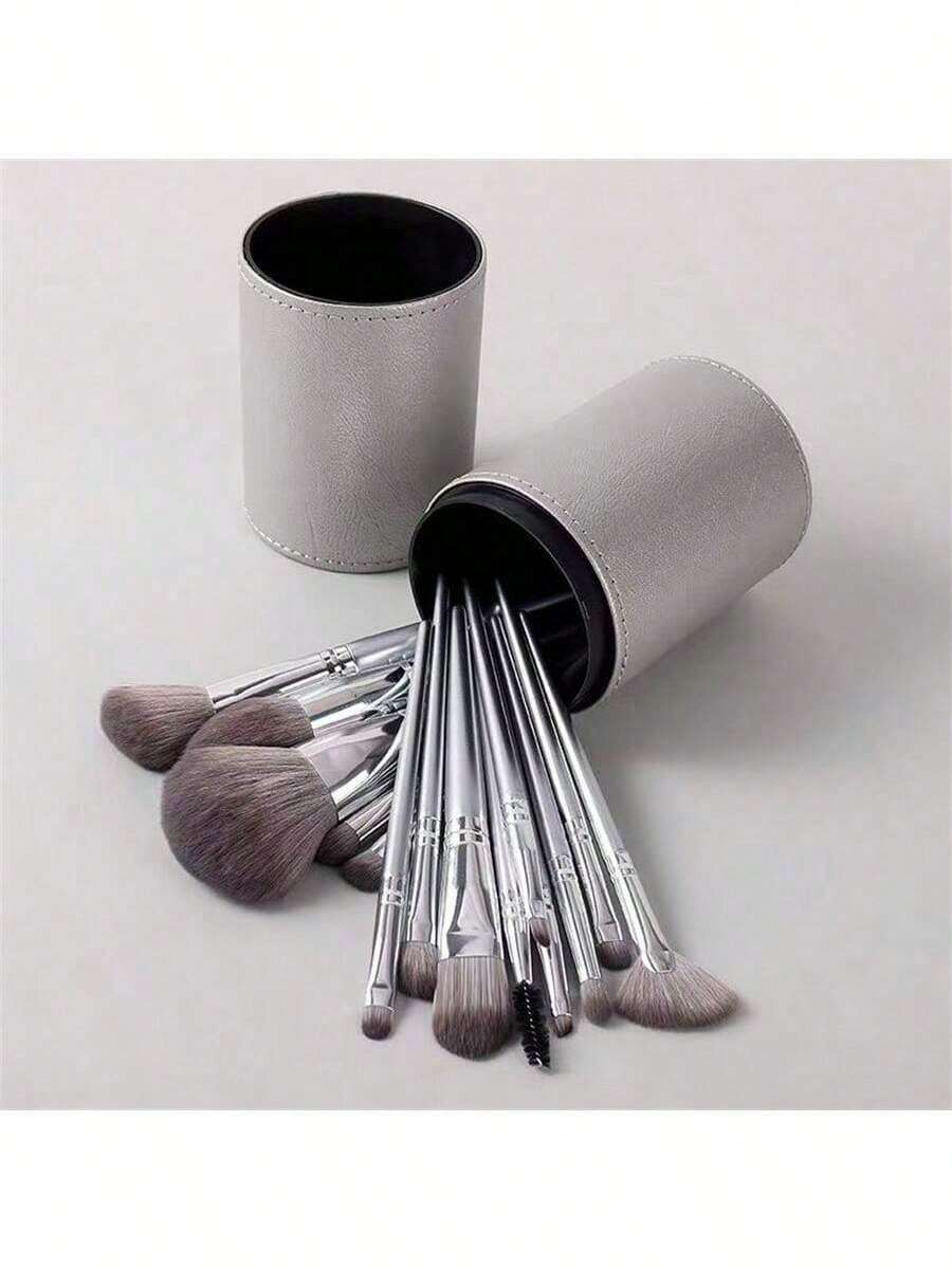 14pcs Professional Makeup Brush Set With Leather Case, Includes Powder Brush, Foundation Brush, Eyeshadow Brush, Eyebrow Brush, Concealer Brush, Contour Brush And Travel Brush. Ideal For Makeup Beginners And Great Gift For Christmas And Valentine's Day. - Grey - View 1