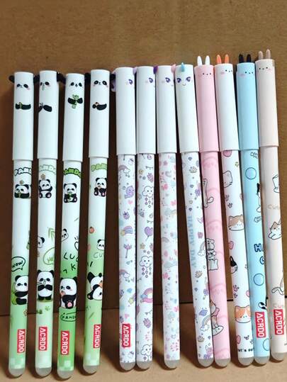 Canetas de gel apagáveis com desenho de panda/gato/girafa, 12 unidades, design fofo, tinta que desaparece com calor, fácil de apagar