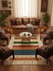 1PC Machine Washable Large - Size Bohemian Multicolored Striped Pattern Area Mat Rug Indoor Living Room Decorative Rug With Artistic Retro Multicolored Striped Pattern Design Durable Easy Clean Floor Mat For Home Decoration Kitchen Rug