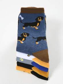 1/3/5 Pairs (Randomly Shipped) Men's Autumn/Winter Fun Cartoon Dachshund Dog Pattern Color-Block Mid-Calf Socks Set, Suitable For Daily Wear, Sports, Travel, Outdoor, Gifts, Holidays, Holiday Gift, Color-Block Style, Fun Design, Comfortable Fit, Hand Wash Only, Novelty Socks, Gift Set, Men's Fashion, Sock Collector - Multicolor - View 3