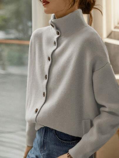 Women's Solid Color Casual Single-Breasted Stand Collar Long Sleeve Knitted Cardigan, Elegant Minimalist Fashion Sweater Jacket With Pockets, Versatile For Commuting And Streetwear, Suitable For Spring, Autumn And Winter