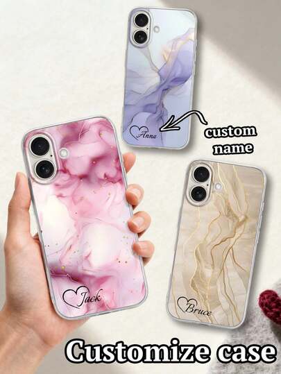 1pc Customized Marble Pattern Heart Text Transparent Shockproof Phone Case, Suitable For IPhone11/12/13/14/15/16/16pro/16plus/16promax/16e/17/17air/17pro/17promax/S25/S25plus/S25ultras25FE/9/9a/9pro/9proxl And Other Models, Ideal Gift For Boyfriend, Girlfriend, Parents, Family