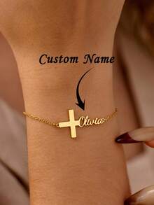 Customized Cross Name Bracelet, Baptism Gift, Personalized Cross Name Bracelet, Cross Jewelry, Christian Gift, Communion Gift, Unisex Customized Name Bracelet, Baptism Gift, Amulet, Jesus Jewelry - Gold - View 2