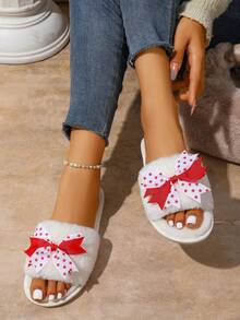 1 Pair Cute Bow Plush Lined White Ladies' House Slippers, Comfortable For Indoor Wear In Autumn/Winter