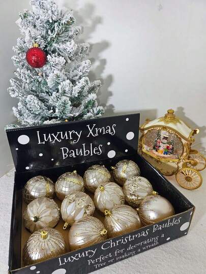 8cm/12 piezas por caja Bolas de adorno de árbol de Navidad de vidrio con brillo, dorado