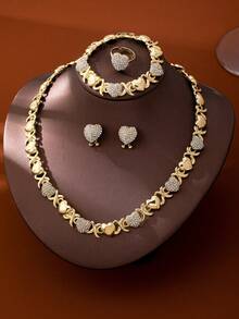 4 件女士时尚心形水钻镀金吊坠项链、耳环、手链、戒指首饰套装，适合中东、迪拜、非洲、欧洲、派对、婚礼、节日礼物 - 金黃色 - 查看 2